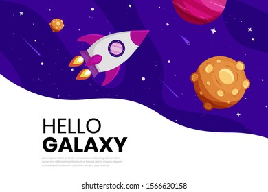 Flat Galaxy Space futuristic modern colorful background with rocket and ufo vector illustration. Suitable For Wallpaper, Banner, Background, Book Illustration, And Web Landing Page Concept