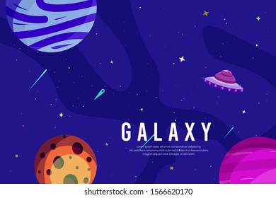 Flat Galaxy Space futuristic modern colorful background with rocket and ufo vector illustration. Suitable For Wallpaper, Banner, Background, Book Illustration, And Web Landing Page Concept