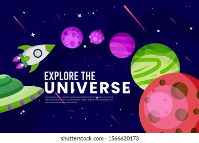 Flat Galaxy Space futuristic modern colorful background with rocket and ufo vector illustration. Suitable For Wallpaper, Banner, Background, Book Illustration, And Web Landing Page Concept