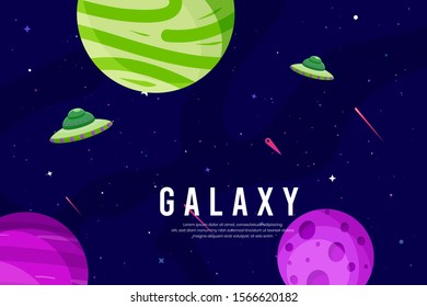 Flat Galaxy Space futuristic modern colorful background with rocket and ufo vector illustration. Suitable For Wallpaper, Banner, Background, Book Illustration, And Web Landing Page Concept