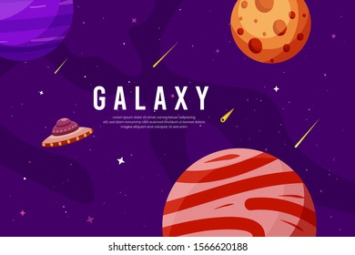 Flat Galaxy Space futuristic modern colorful background with rocket and ufo vector illustration. Suitable For Wallpaper, Banner, Background, Book Illustration, And Web Landing Page Concept