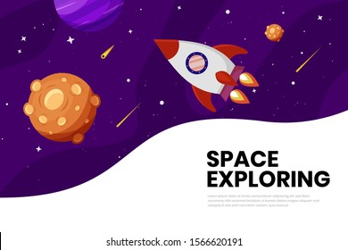 Flat Galaxy Space futuristic modern colorful background with rocket and ufo vector illustration. Suitable For Wallpaper, Banner, Background, Book Illustration, And Web Landing Page Concept