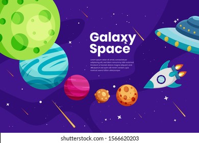 Flat Galaxy Space futuristic modern colorful background with rocket and ufo vector illustration. Suitable For Wallpaper, Banner, Background, Book Illustration, And Web Landing Page Concept