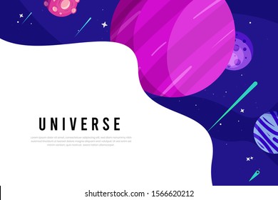 Flat Galaxy Space futuristic modern colorful background with rocket and ufo vector illustration. Suitable For Wallpaper, Banner, Background, Book Illustration, And Web Landing Page Concept