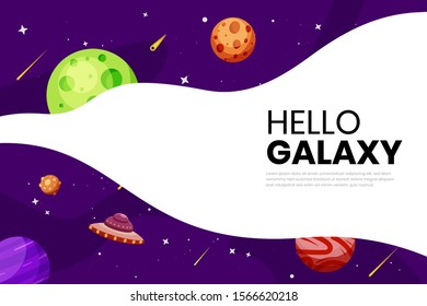 Flat Galaxy Space futuristic modern colorful background with rocket and ufo vector illustration. Suitable For Wallpaper, Banner, Background, Book Illustration, And Web Landing Page Concept