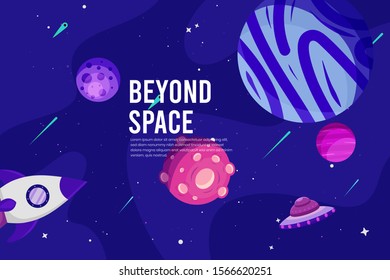 Flat Galaxy Space futuristic modern colorful background with rocket and ufo vector illustration. Suitable For Wallpaper, Banner, Background, Book Illustration, And Web Landing Page Concept