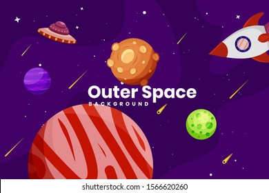 Flat Galaxy Space futuristic modern colorful background with rocket and ufo vector illustration. Suitable For Wallpaper, Banner, Background, Book Illustration, And Web Landing Page Concept