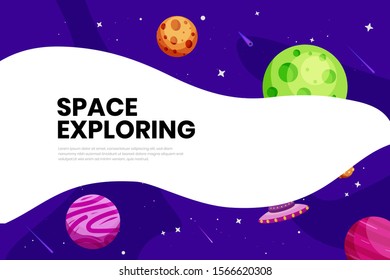Flat Galaxy Space futuristic modern colorful background with rocket and ufo vector illustration. Suitable For Wallpaper, Banner, Background, Book Illustration, And Web Landing Page Concept