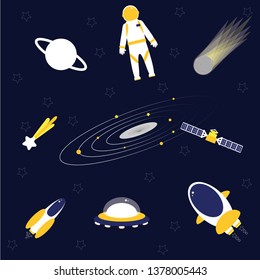 Flat galaxy space object concept vector isolated on dark blue background.