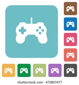 Flat game controller icons on rounded square color backgrounds.