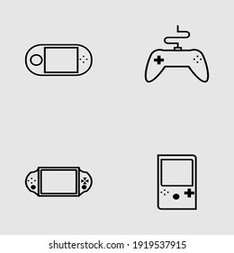 Flaches Spielsymbol, 4 Spielkonsolen, technologische Entwicklung, Entspannungszeit, Vektorsymbol-Illustration.