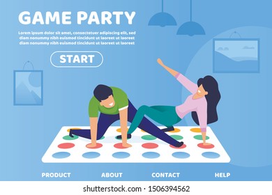 Flat Game Party Informational Poster Lettering. Interesting Ways Spending Time for Whole Family. Flyer Guy and Girl Play Game and Laugh. Unusual Sports Games at Home. Vector Illustration.