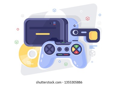 Flat gamepad for game, disk and vr helmet. Concept modern device, oculus controller, retro joystick. Vector illustration.