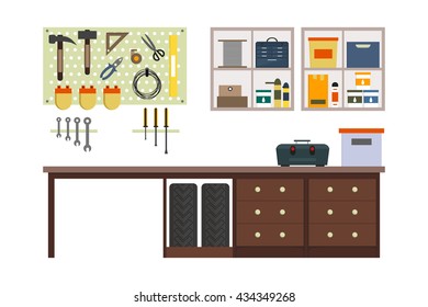 Flat garage inside. Working place with tools in storeroom. Garage interior. Tools, worker tools, tires, hummer, boxes, shelves, table in store. Vector interior illustration.