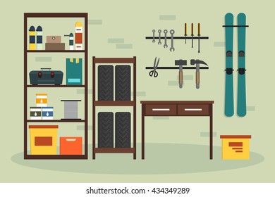 Flat garage inside. Working place with tools in storeroom. Garage interior. Tools, worker tools, tires, hummer, boxes, shelves, skis, table in store. Vector interior illustration.