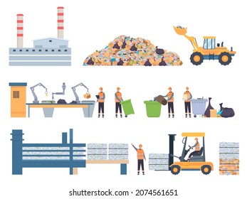Flat garbage recycle factory building, dump and sorting conveyor. Plastic recycling industry workers. Ecology protection process vector set. Litter or rubbish reusing and recycling,