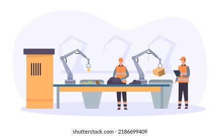 Flat garbage recycle factory building. Male character working on raw materials, sorting rubbish. Cartoon male characters processing trash on conveyor, environment protection vector