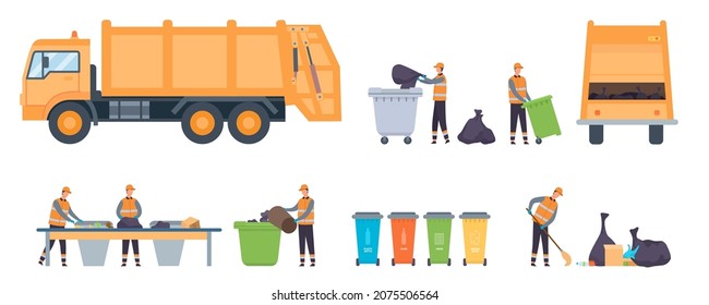 Flat garbage service workers, janitors and waste trucks. Recycling factory sorting conveyor. Recycle bin, container and trash bag vector set. Environmental protection, characters collecting rubbish