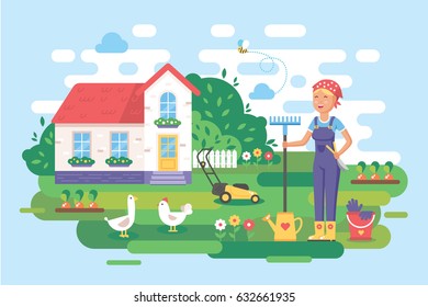Flat Garden Background. Vector Illustration Country House. Household.

