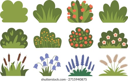 Conjunto de Ilustración vectorial de arbustos y flores de jardín plano. Lindos arbustos de Naturaleza y plantas de Colección de diseño plano. Paquete de Vector plano de arbustos, flores y hierba decorativos. Arbustos y plantas de Naturaleza