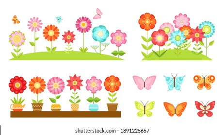 Flat garden flower borders. Wild flowers, blooming plants in pots. Colorful butterflies, spring summer time decorative elements vector set