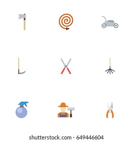 Flat Garden Hose, Axe, Pruner And Other Vector Elements. Set Of Gardening Flat Symbols Also Includes Grass, Bottle, Gardener Objects.