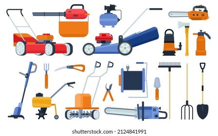 Flat garden instruments, equipment, lawn mowers and trimmer. Gardening electrics, chainsaw, cultivator, sprayer and brush cutter vector set of garden equipment and tools illustration