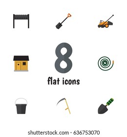 Flat Garden Set Of Cutter, Spade, Pail And Other Vector Objects. Also Includes Garden, Trowel, Farmhouse Elements.