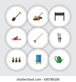 Flat Garden Set Of Flowerpot, Spade, Bailer And Other Vector Objects. Also Includes Watering, Barbecue, Container Elements.