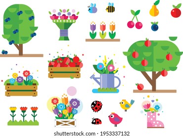 Flat garden set with flowers and fruts