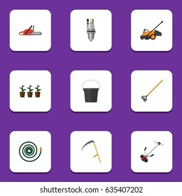 Flat Garden Set Of Grass-Cutter, Hacksaw, Lawn Mower And Other Vector Objects. Also Includes Blade, Pump, Mower Elements.