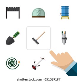 Flat Garden Set Of Grass-Cutter, Harrow, Pump And Other Vector Objects. Also Includes Lawn, Hothouse, Trowel Elements.