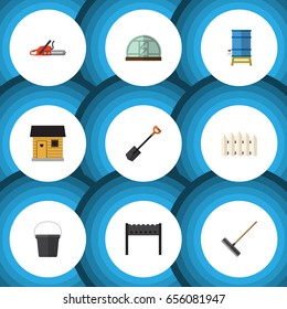 Flat Garden Set Of Hacksaw, Harrow, Container And Other Vector Objects. Also Includes Fence, Tank, Blade Elements.