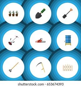 Flat Garden Set Of Hacksaw, Wooden Barrier, Trowel And Other Vector Objects. Also Includes Botany, Hoe, Cutter Elements.