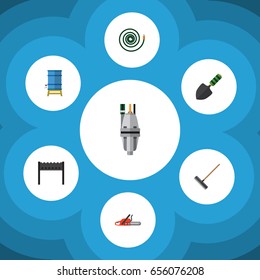 Flat Garden Set Of Harrow, Trowel, Barbecue And Other Vector Objects. Also Includes Hose, Container, Spatula Elements.
