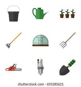 Flat Garden Set Of Hay Fork, Pump, Flowerpot And Other Vector Objects. Also Includes Pump, Pail, Greenhouse Elements.