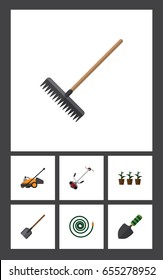Flat Garden Set Of Hosepipe, Harrow, Flowerpot And Other Vector Objects. Also Includes Hosepipe, Spatula, Flowerpot Elements.