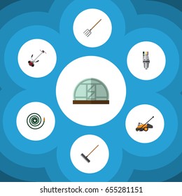 Flat Garden Set Of Hosepipe, Lawn Mower, Hothouse And Other Vector Objects. Also Includes Lawn, Cutter, Pitchfork Elements.