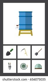Flat Garden Set Of Hosepipe, Shovel, Hothouse And Other Vector Objects. Also Includes Equipment, Garden, Trowel Elements.