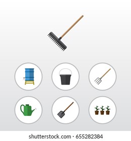 Flat Garden Set Of Pail, Hay Fork, Flowerpot And Other Vector Objects. Also Includes Harrow, Shovel, Botany Elements.