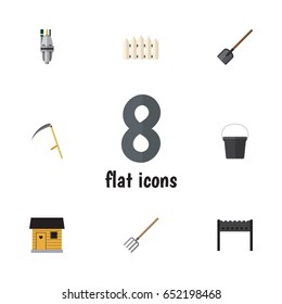 Flat Garden Set Of Pump, Pail, Shovel And Other Vector Objects. Also Includes Container, Pitchfork, Fence Elements.