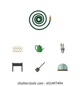 Flat Garden Set Of Pump, Shovel, Hothouse And Other Vector Objects. Also Includes Brazier, Can Bailer, Tool Elements.
