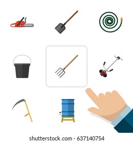 Flat Garden Set Of Shovel, Grass-Cutter, Container And Other Vector Objects. Also Includes Cutter, Hacksaw, Pitchfork Elements.
