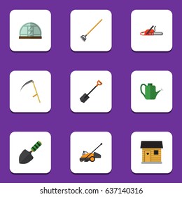 Flat Garden Set Of Spade, Hacksaw, Tool And Other Vector Objects. Also Includes Spade, Farmhouse, Trowel Elements.