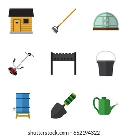 Flat Garden Set Of Stabling, Bailer, Container And Other Vector Objects. Also Includes Shovel, Hoe, Farm Elements.