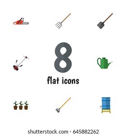 Flat Garden Set Of Tool, Hacksaw, Shovel And Other Vector Objects. Also Includes Fork, Saw, Mower Elements.
