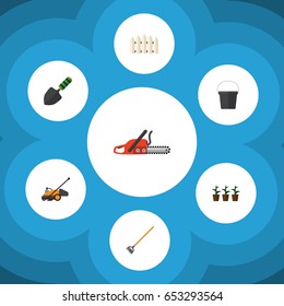 Flat Garden Set Of Tool, Wooden Barrier, Hacksaw And Other Vector Objects. Also Includes Blade, Container, Plant Elements.