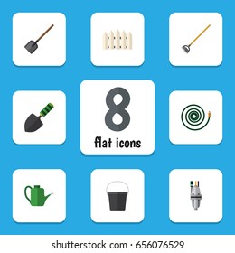 Flat Garden Set Of Trowel, Hosepipe, Shovel And Other Vector Objects. Also Includes Tool, Watering, Barrier Elements.
