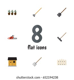 Flat Garden Set Of Wooden Barrier, Hacksaw, Hay Fork And Other Vector Objects. Also Includes Botany, Wooden, Barn Elements.