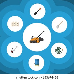 Flat Garden Set Of Wooden Barrier, Hay Fork, Lawn Mower And Other Vector Objects. Also Includes Hosepipe, Water, Tool Elements.